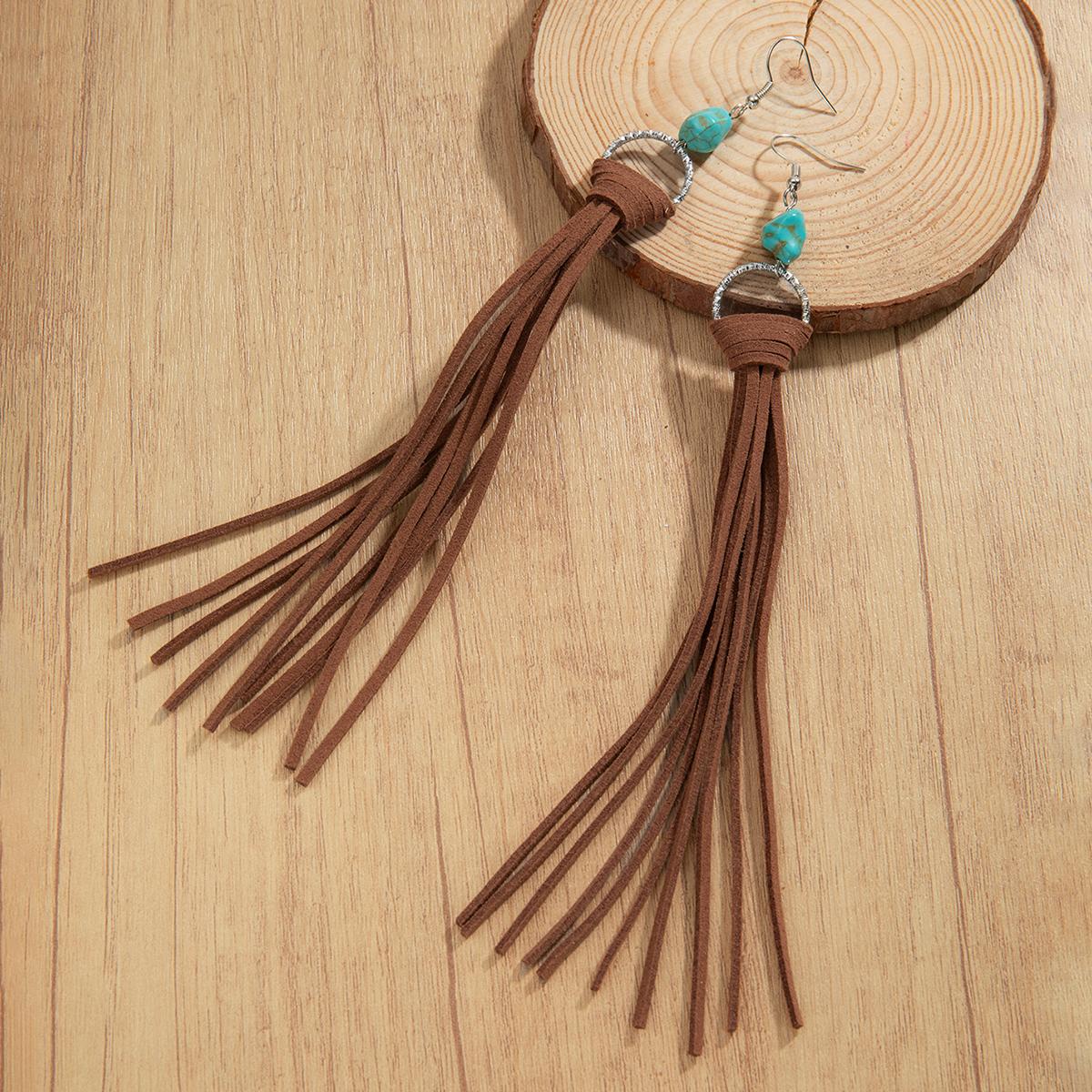Bohemian style velvet fabric tassel hollow pattern long turquoise women s earrings