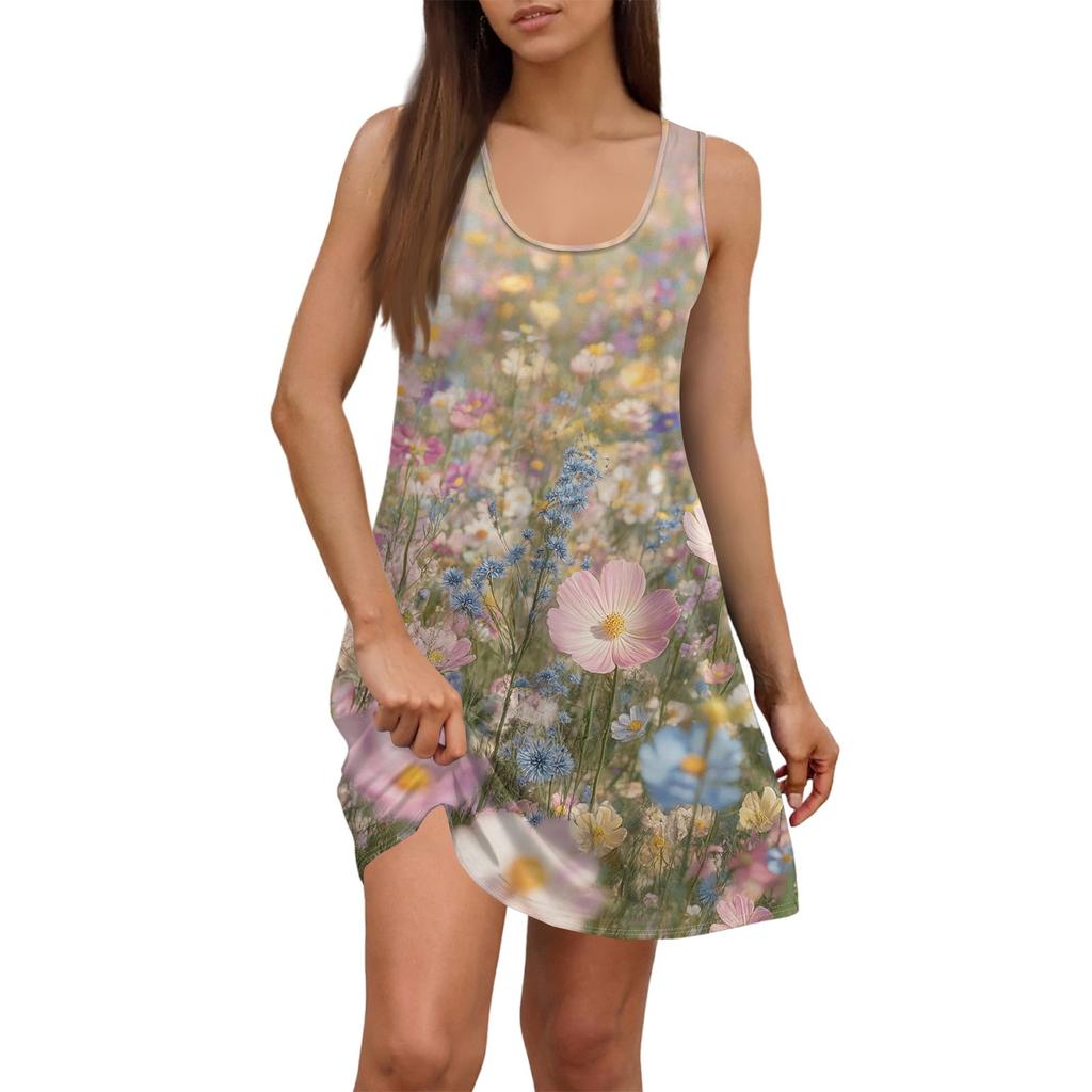 Damen Sommerkleid, lässig, quadratischer Ausschnitt, Blumendruck, ärmellos, mit Taschen