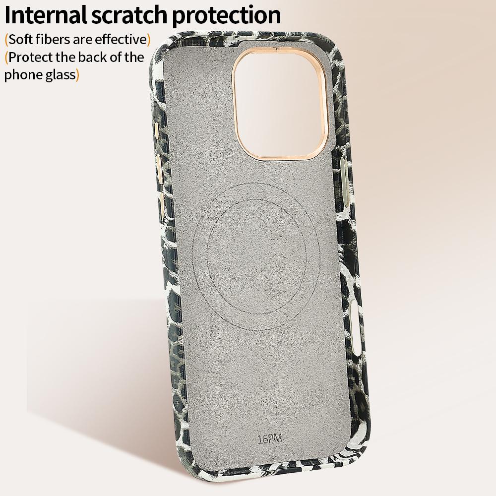 VIETAO Leopardenmuster PU-Leder Magnetische Kabellose Ladefunktion Handyhülle Für iPhone 16 15 Pro Max, 15 pro 16 pro Hülle, Schwarz