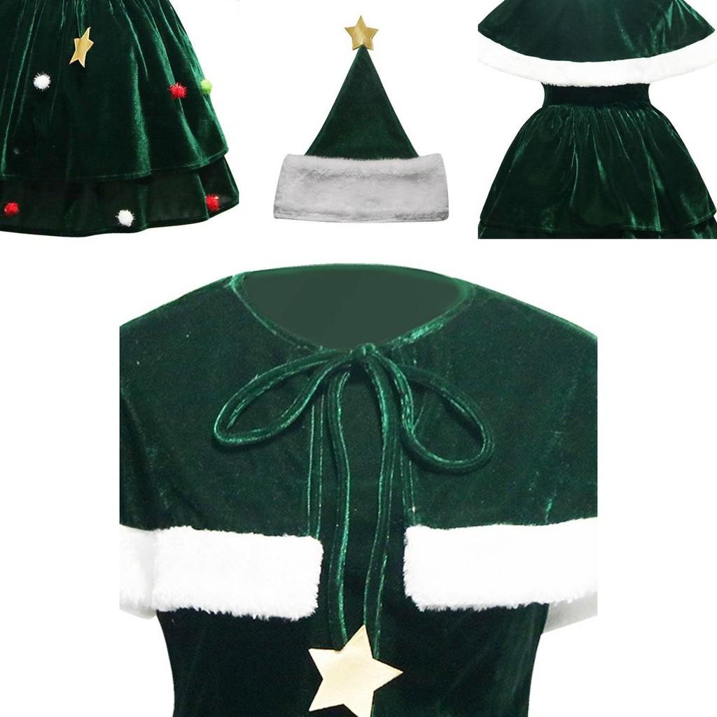 Gorgeous Women Christmas Tree Cosplay Costume Plus Size Xmas Dress Cloak Hat Party