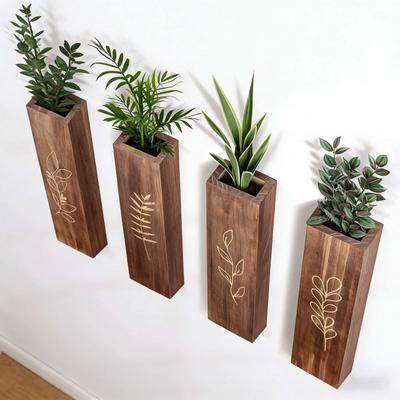 Holz-Wandblumentopf 4er-Set Böhmischer Bauernhaus-Stil Wohnzimmer Schlafzimmer Dekor Taschentopf-Vase Trockenblumen Künstliche Grüne Pflanze