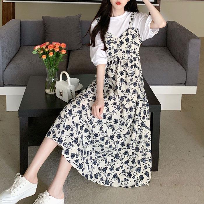 Plus Size Floral Faux Two-Piece Suspender Dress - Summer 2026 Collection M белый