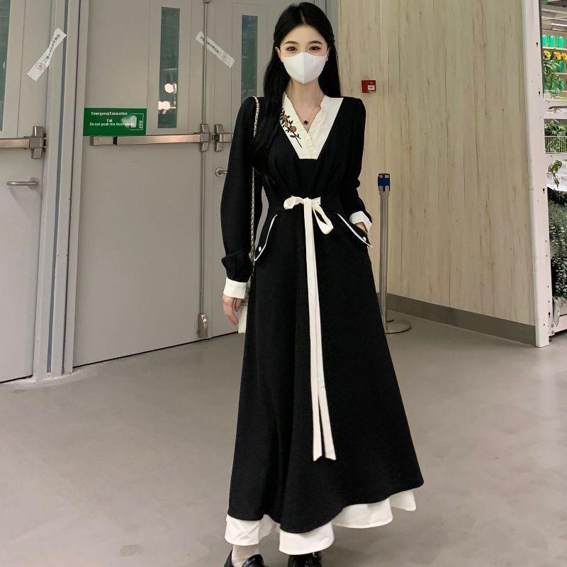 2026 Spring Chinese Style Plus Size Slimming Dress, A-line Silhouette, Puff Sleeves, Extra Long, Fair Skin Tone.
