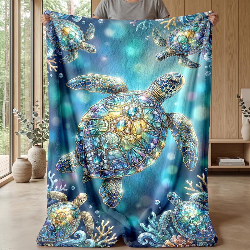 Oceanic Jeweled Turtle 1 Theme Blanket Lightweight Warm Flannel Blanket Decorative Throw Blanket for Home Decoration