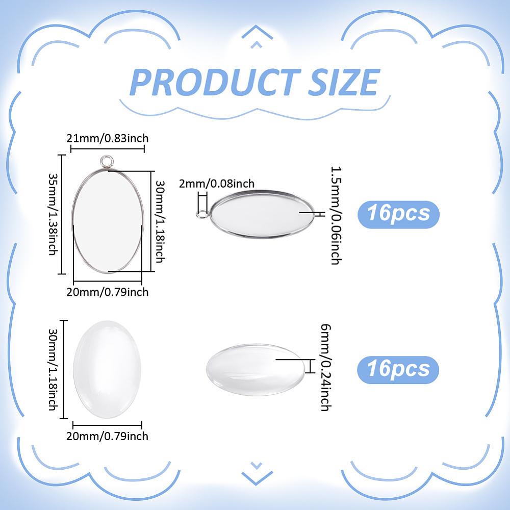 16Pcs 304 Stainless Steel Pendant Cabochon Settings Plain Edge Bezel Cups Oval with 16Pcs Glass Cabochons Stainless Steel Color Tray: 20x30mm