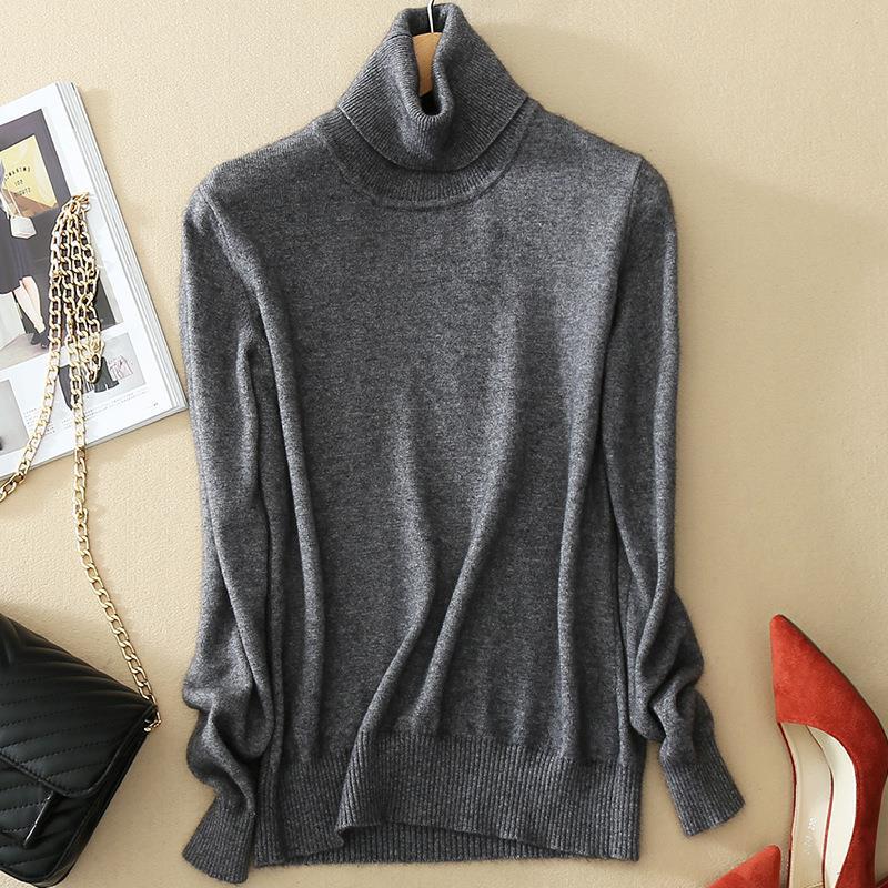 Women's Autumn Winter Korean Style High Neck Knit Sweater Long Sleeve Solid Color Loose Base Layer Pullover