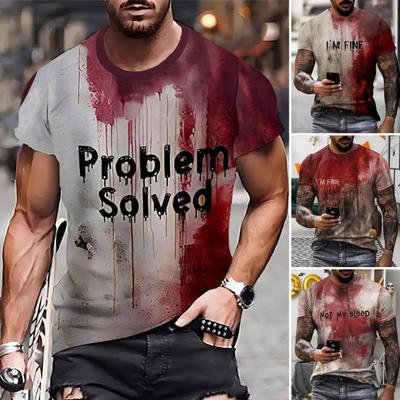 Męski T-shirt na Halloween Straszny Okrągły Dekolt Krótki Rękaw Koszulka z Nadrukiem Plamy Krwi na Przebranie na Halloween Impreza o Tematyce Horroru