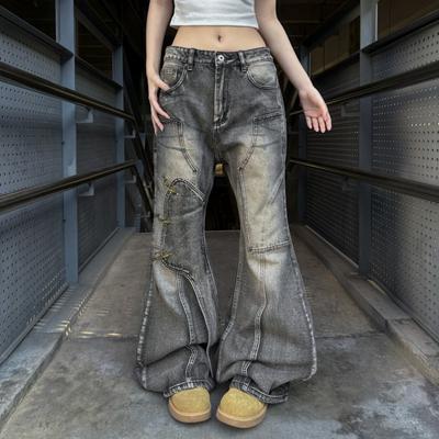 Distressed Grey High-Street Flared Jeans Men Women Mid-Rise Stretch Denim With Hand-Painted Scratched Detail
