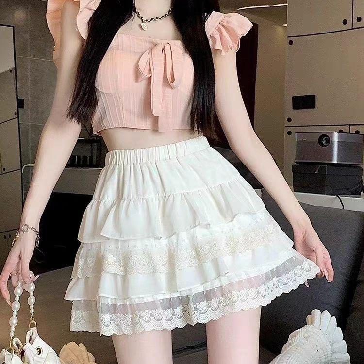Women's White Lace A-line Midi Skirt - High Waist, Slimming, Princess Style, Summer Fashion, Petite Fit