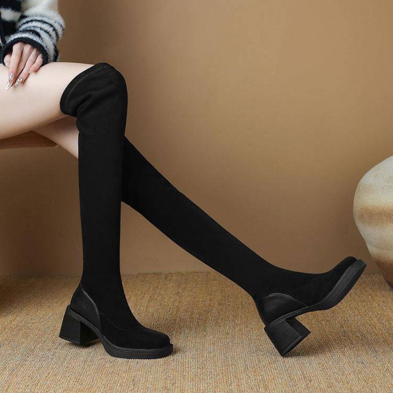 Korean version suede large size women's boots solid color high heel knee boots new square heel sleeve rubber sole square head thin boots
