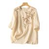 Women's Vintage Inspired Loose Fit Mid-Sleeve Cotton Linen Blend Embroidered Top