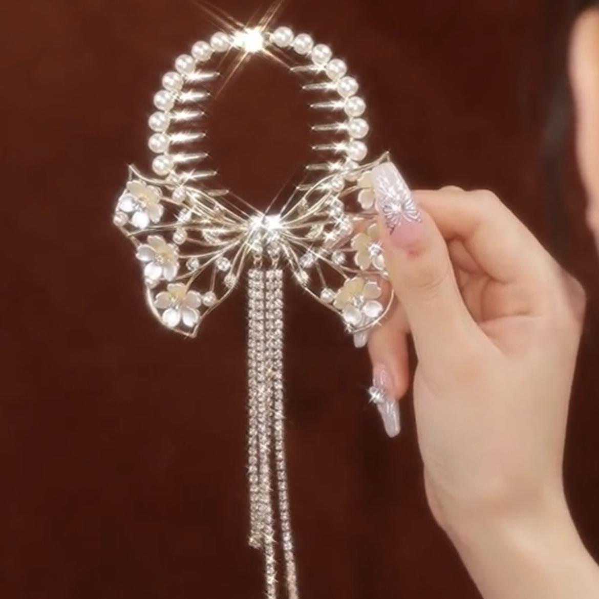 

Korean Rhinestone Tassel High Bun Hair Clip - Elegant Fairy Bow Headwear