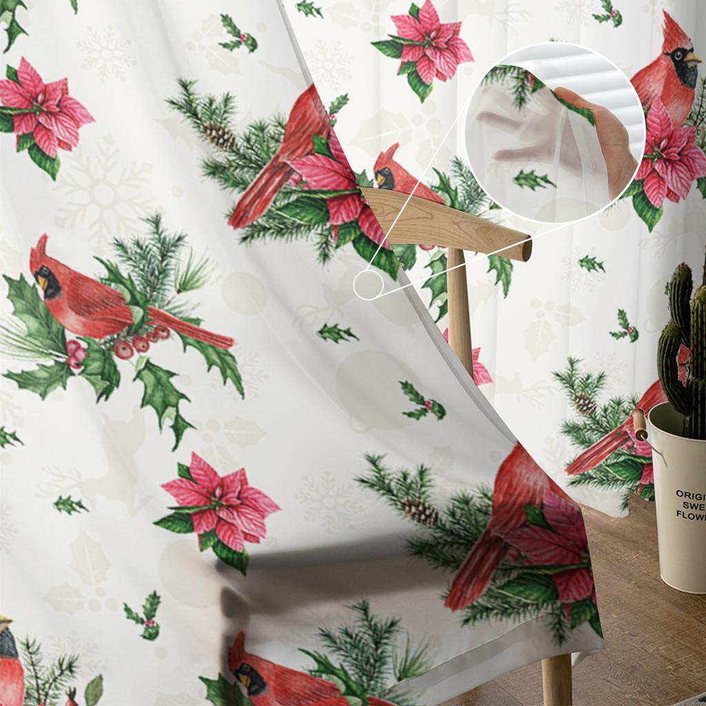 Christmas Cardinals Poinsettia Tulle Curtains For Living Room Bedroom Home Decor Chiffon Sheer Voile Kitchen Curtain