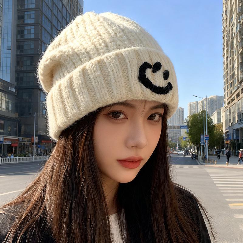 Blue Woolen Cap Thickened and Warm for Children Large Head Wrap Cold Cap To Show Off Face Small Ear Protecting Knitted Pile Cap