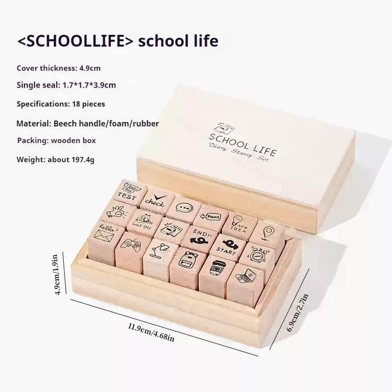 Exquisite Daily Life 18 Pieces Of Beech Wood Seal Set Diy Journal Decorative Materials Stamp Wooden Box Collage Stamp Gift