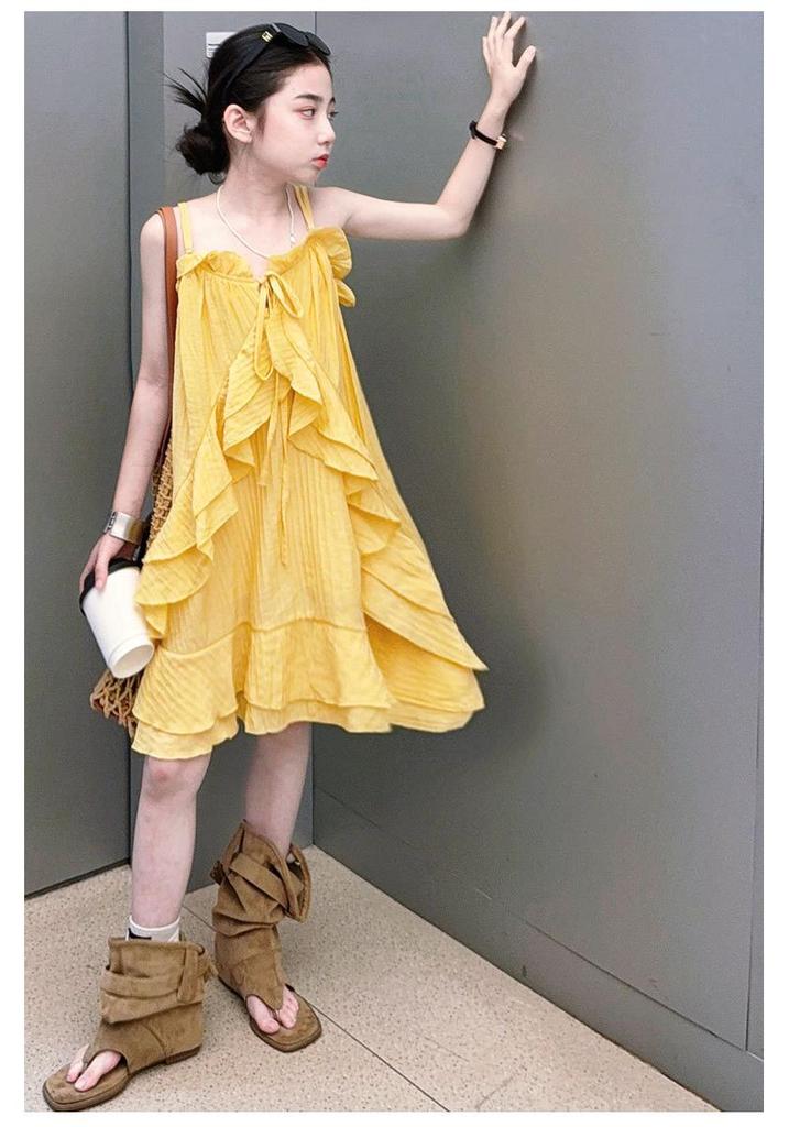 Girls' Ruffle Strappy Midi Dress - 2026 Summer Beach Style for Older Children
