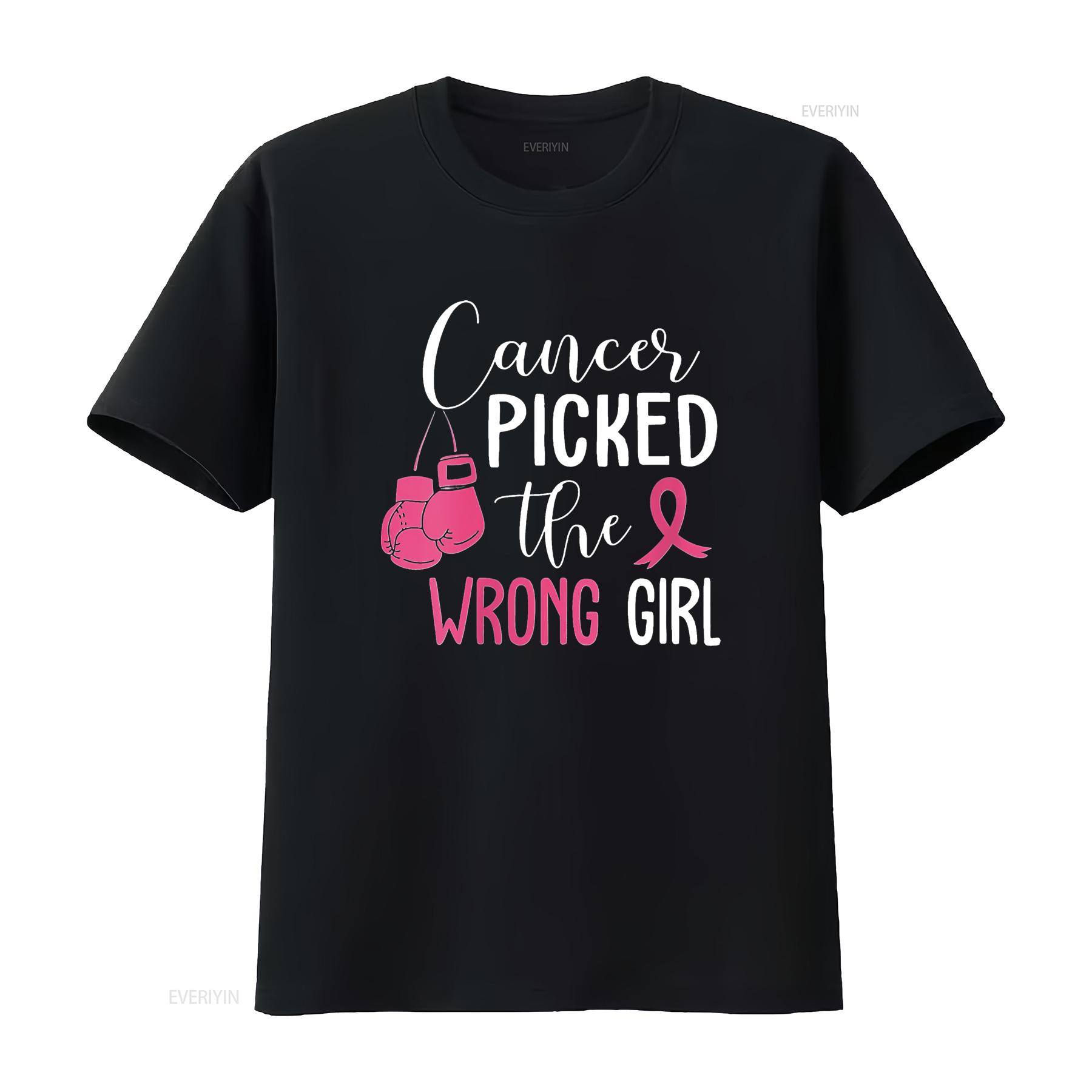 

Womens Cancer Picked The Wrong Girl Breast Awareness Round Neck T Shirt Black vintage Washed Slightly fashion Casual 4XL
