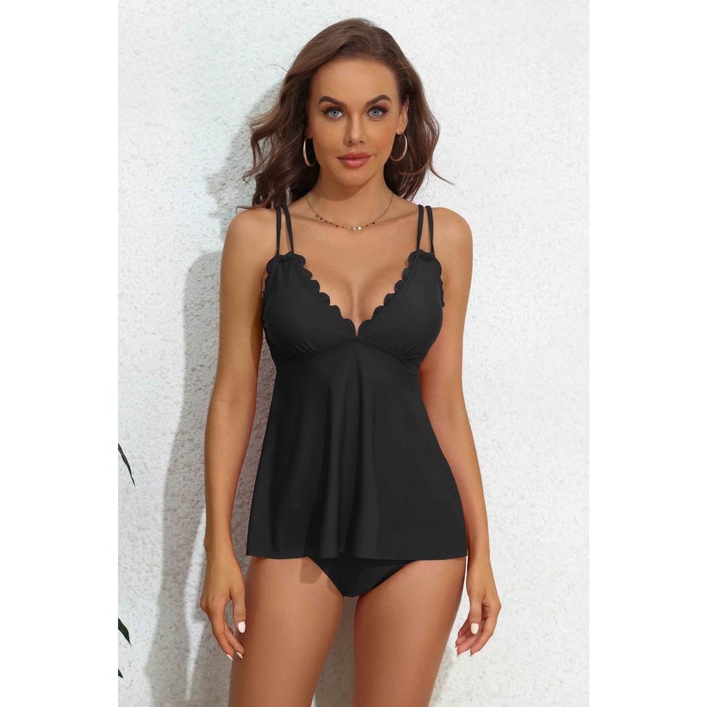 CHARMLEAKS Tankini-Set für Damen, einfarbig, Bademode, Schwimmsets, Spaghettiträger, V-Ausschnitt, gebogene Webkante, Badeanzug