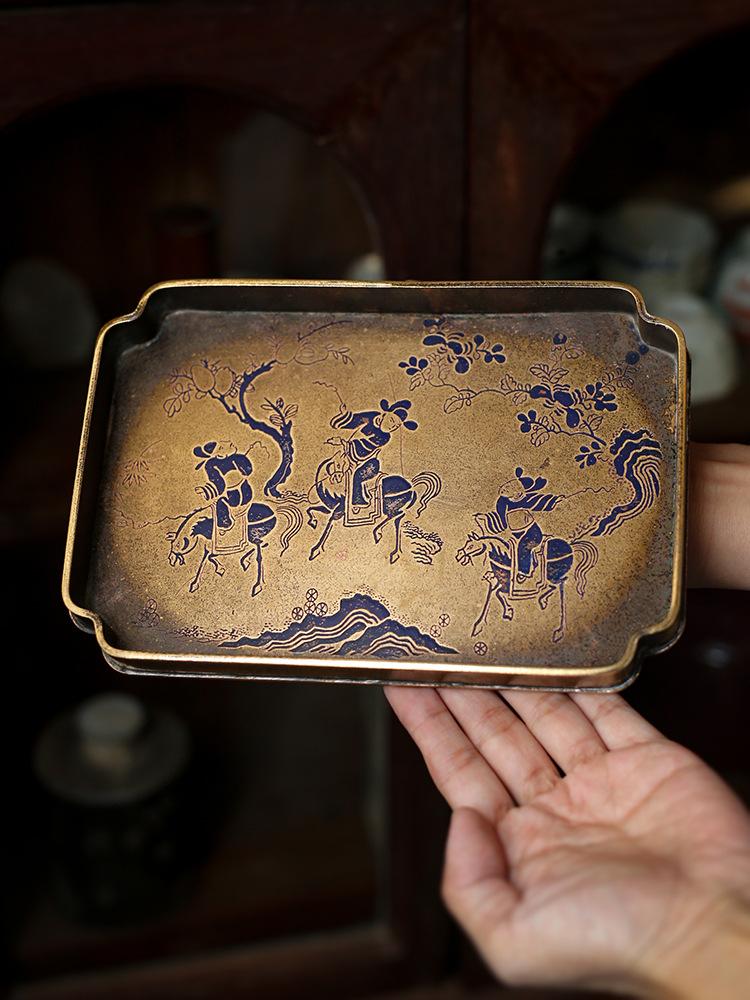 

Имитация бронзового чайника, окрашенного в латунный цвет, для старой бронзовой тарелки, подставка для чайника, ручная резка, поднос для чая