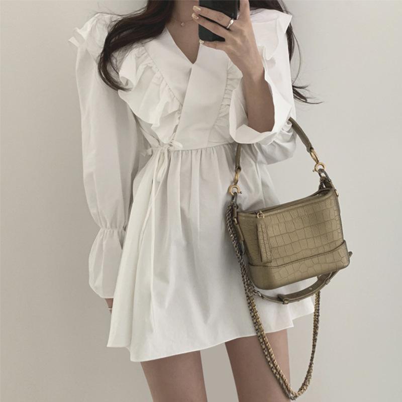 

Spring and Autumn New Cross V-neck Ruffle-length Lace-up Waist-closed Slim Flared Sleeve Small Dress 2XL
