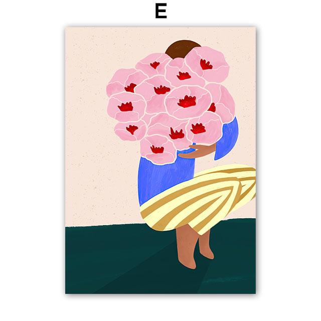 Boho Mode Mädchen Blumenvase Illustration Wandkunst Leinwandmalerei Abstraktes Poster und Drucke Bilder für Wohnzimmerdekor