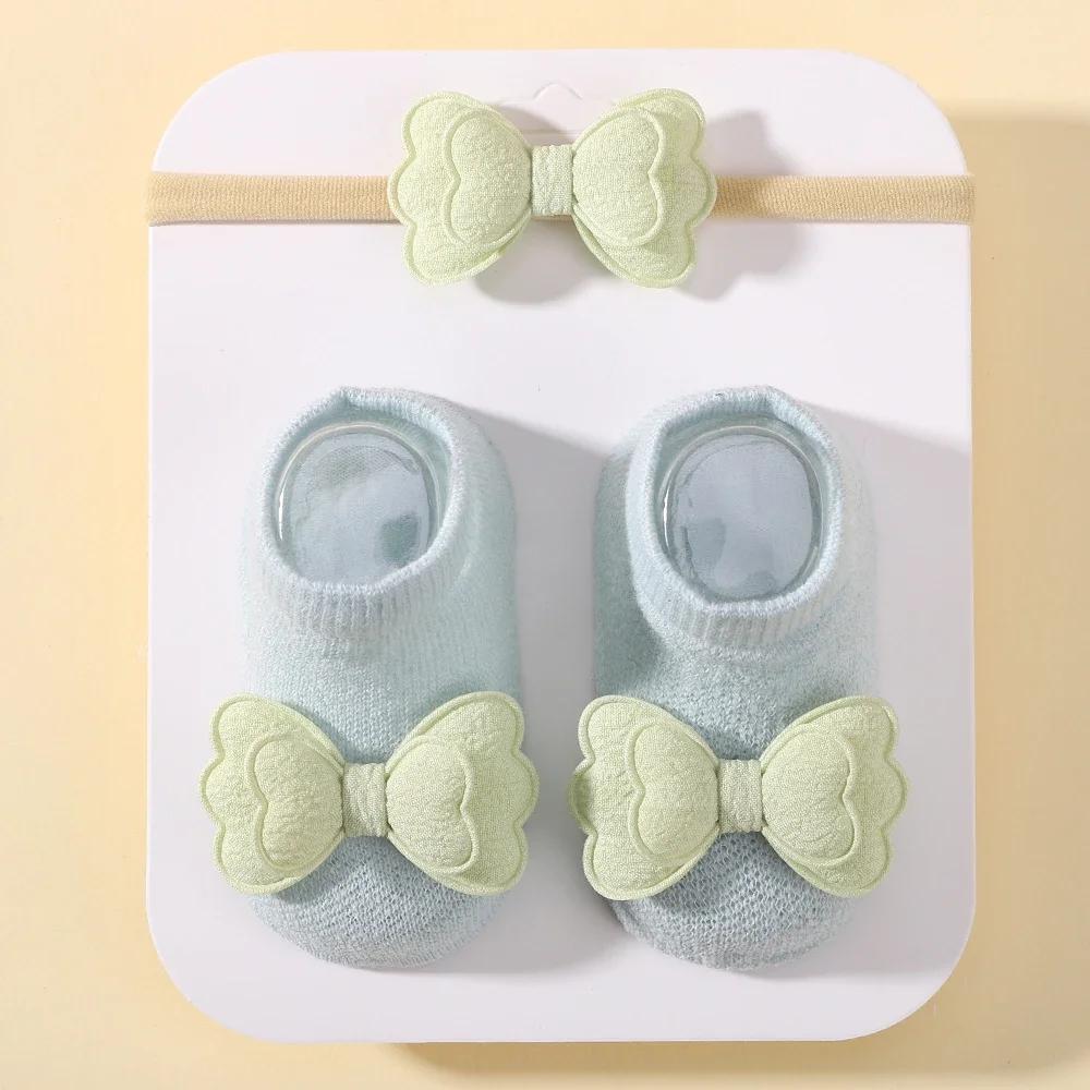 0-1Y Babe Soft Socks Headband Sets Solid Cotton Girls Breathable Socks Cute Bows for Infant Little Girl Clothing Accessories