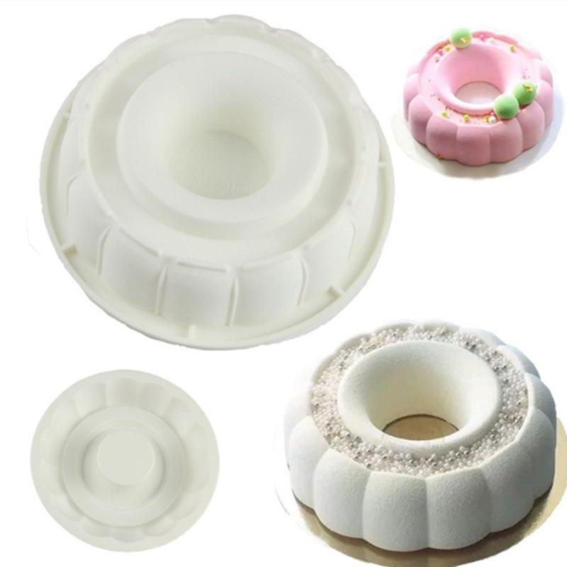 1 Pc Round Groove Flower Mold Silicone Mousse Mold White Round Garland Pastry Chiffon Cake Mold Baking Mold