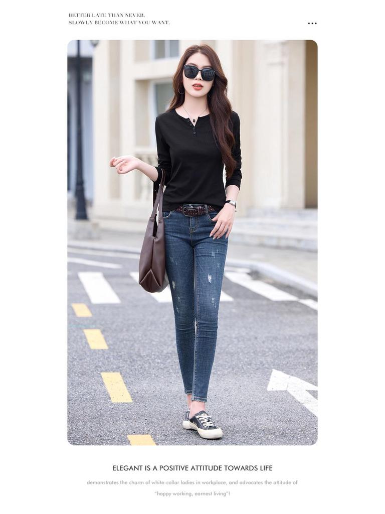 Women's V-Neck Long-Sleeve Slimming Casual Top - Fall 2025 Fashion, Age-Reducing, Loose Fit