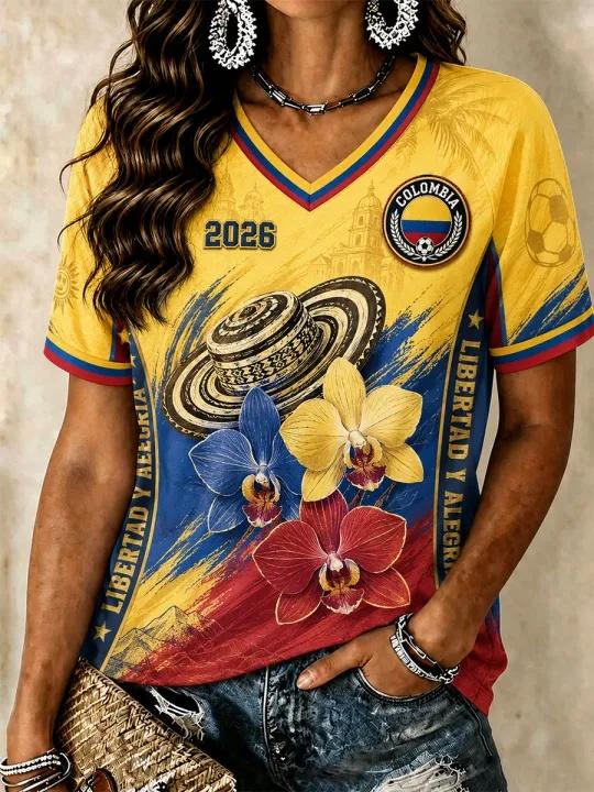 Kolumbien Fußball Fan T-Shirt Kurzarm Atmungsaktiv Schnelltrocknend Street Wear Lässig Fußballshirt Modisch FamilienPassend 2026