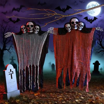 Large Hanging Three Head Skull Ghost Halloween Haunted House Decoration Gauze Prop Spooky Doorway Horror Suspended Ornament