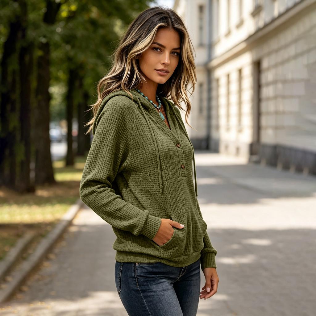 Women's Color Loose Fit Long Sleeve V-Neck Hooded Button Up Top