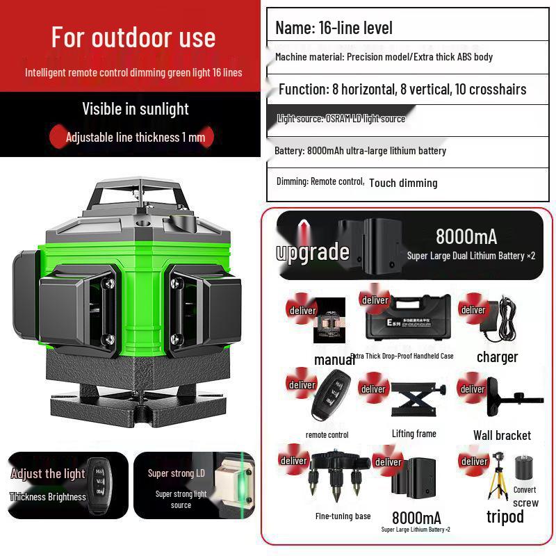 High Precision 16-Line Infrared Laser Level with Blue Light for Wall Marking