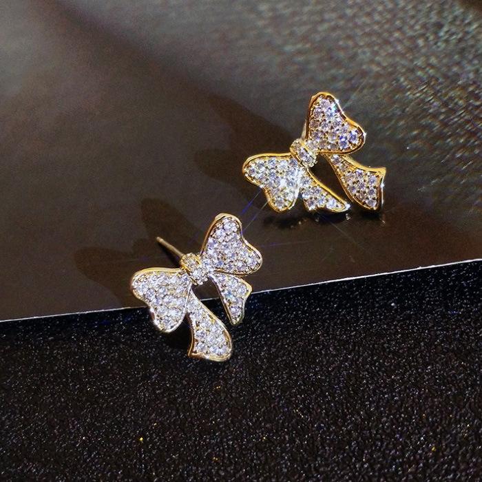 Full Diamond Bow Earrings Tide Super Fairy Temperament Muse Fan Earrings Simple Spring And Summer Earrings