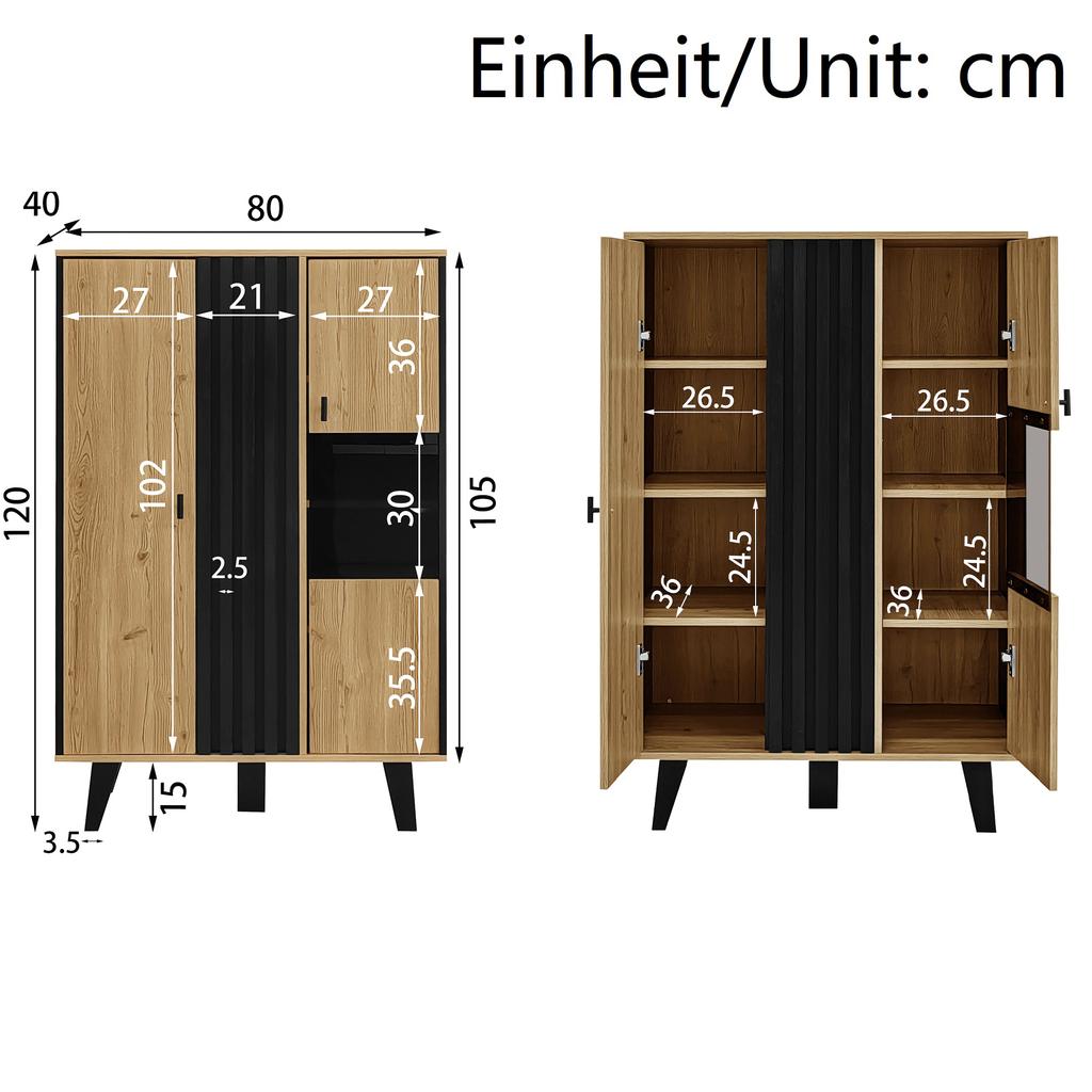 Side Cabinets, Sideboard, Display Cabinets with Glass and LED Lighting. Black and Wood Colors, Black Wood Strip Design [OLD SKU:WF313229230SAA]