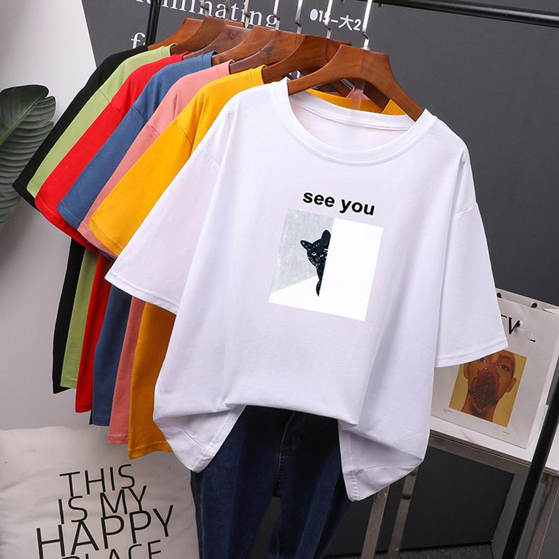 Hirsionsan Cartoon Printed Cotton Summer T Shirts Women Soft Kawaii Loose Tees Female Plus Size Short Sleeve Tops for Lady 2022