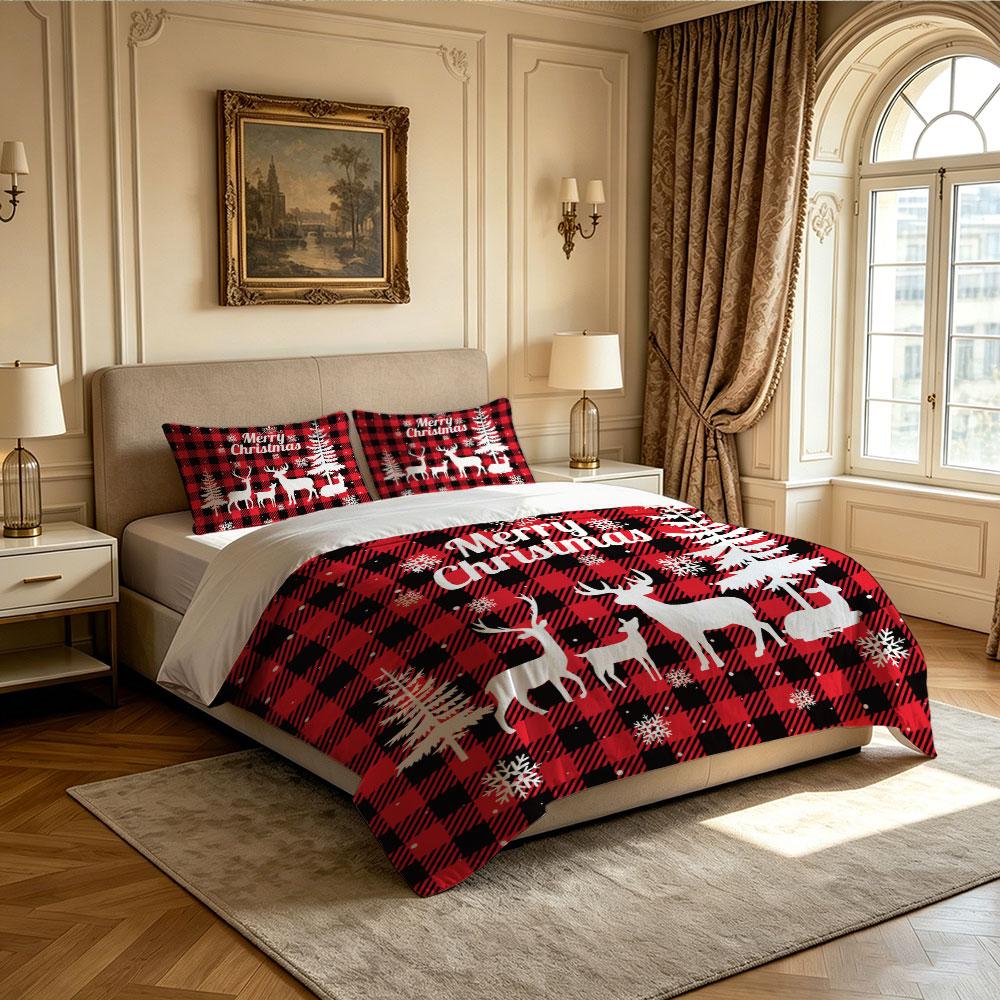 3pcs(1 Bedspread + 2 Pillowcases) Featuring Red and Black Plaid Christmas Elk and Snowflake Pattern Perfect for Home Decorati