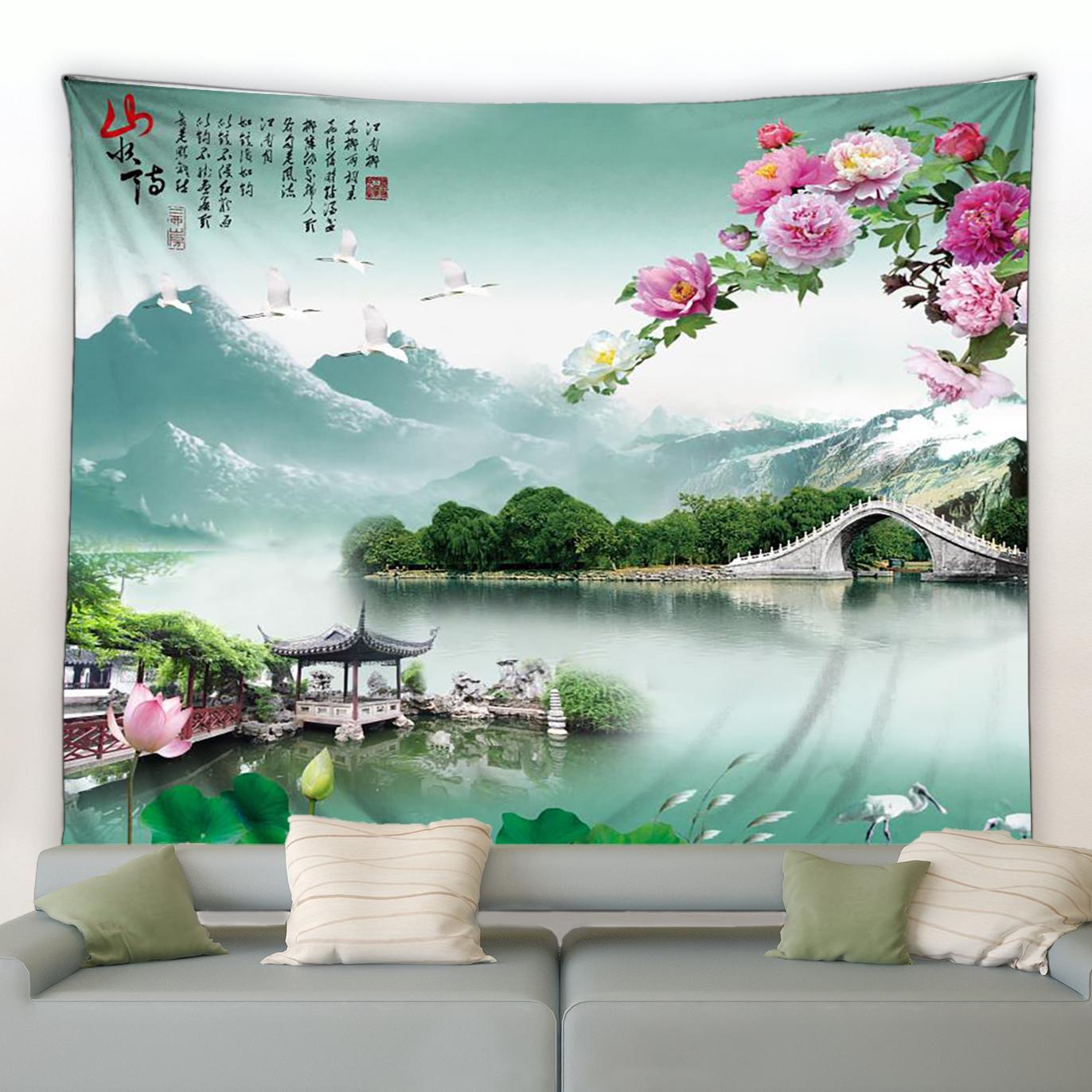 

Природные впечатляющие горы и водопады, пейзажный гобелен, закат, летающие птицы, настенная подвеска, эстетика, украшение для дома 100X75CM