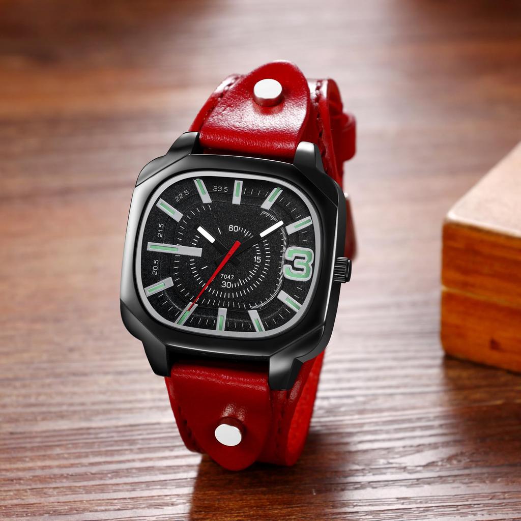 Unisex Square Wristwatch with Leather Waterproof Analog Quartz Genuine Punk Fashion Watch Perfect Gift for and Day Strap Movement, Leather, -