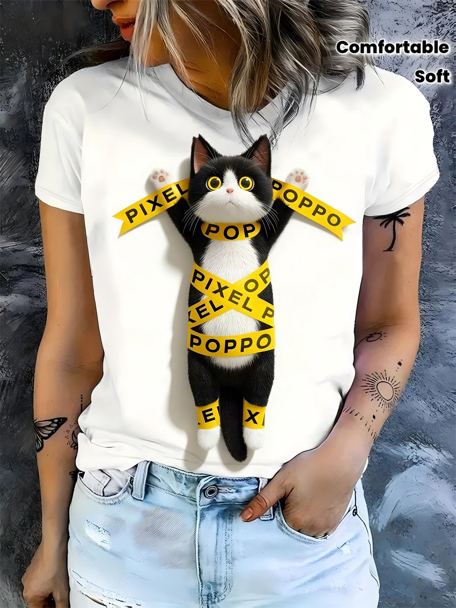 

Women S White Short-Sleeve T-Shirt 3D Fun Cat Tape Print ;PIXEL POPPO; Yellow Warning Tape Design Top 180 Grams Per Square Meter - Fabric Soft And XS дубильная кора