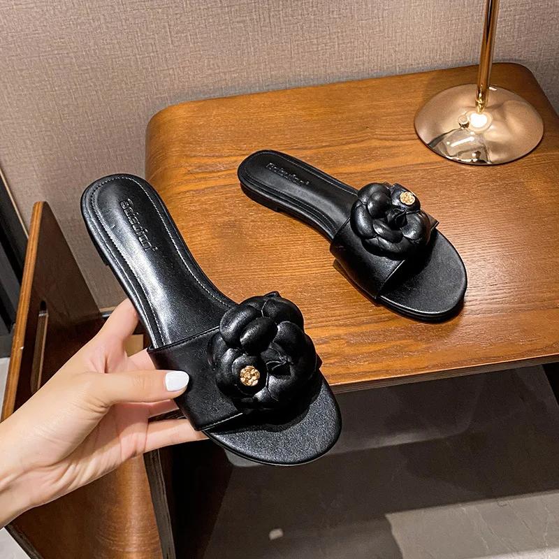 Summer Women Shoes Modern Slipper Fashion Camellia Leather Flat Shoes Girl Street Fashion Sandals