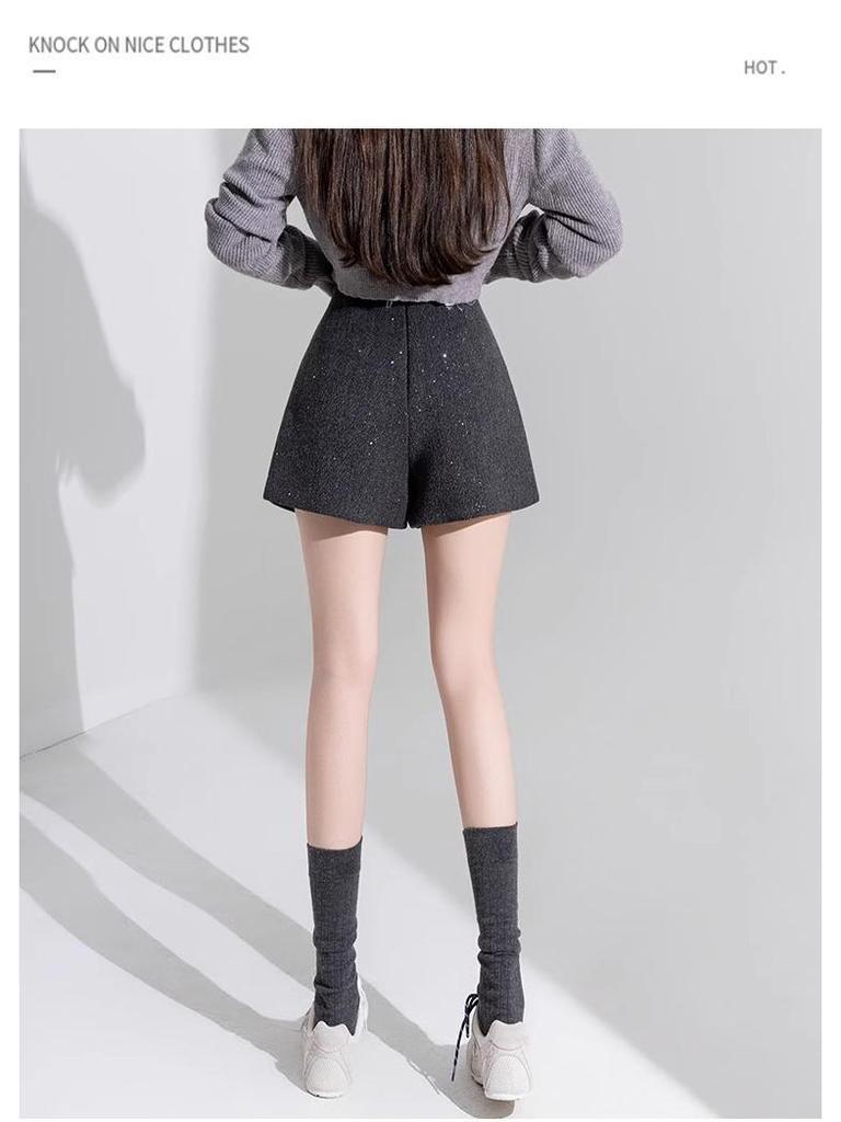 High-Waisted Black Sequin Woolen Shorts for Women - Winter 2026 A-Line Slimming Style, Perfect with Boots and Outerwear