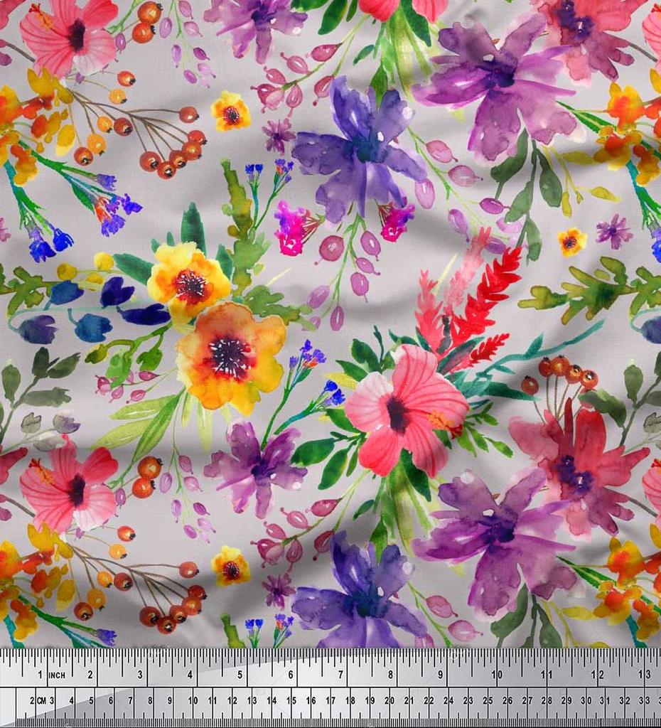 Soimoi Japan Crepe Satin Fabric Flower & Leaves Watercolor Decor Fabric Printed metre 42 Inch