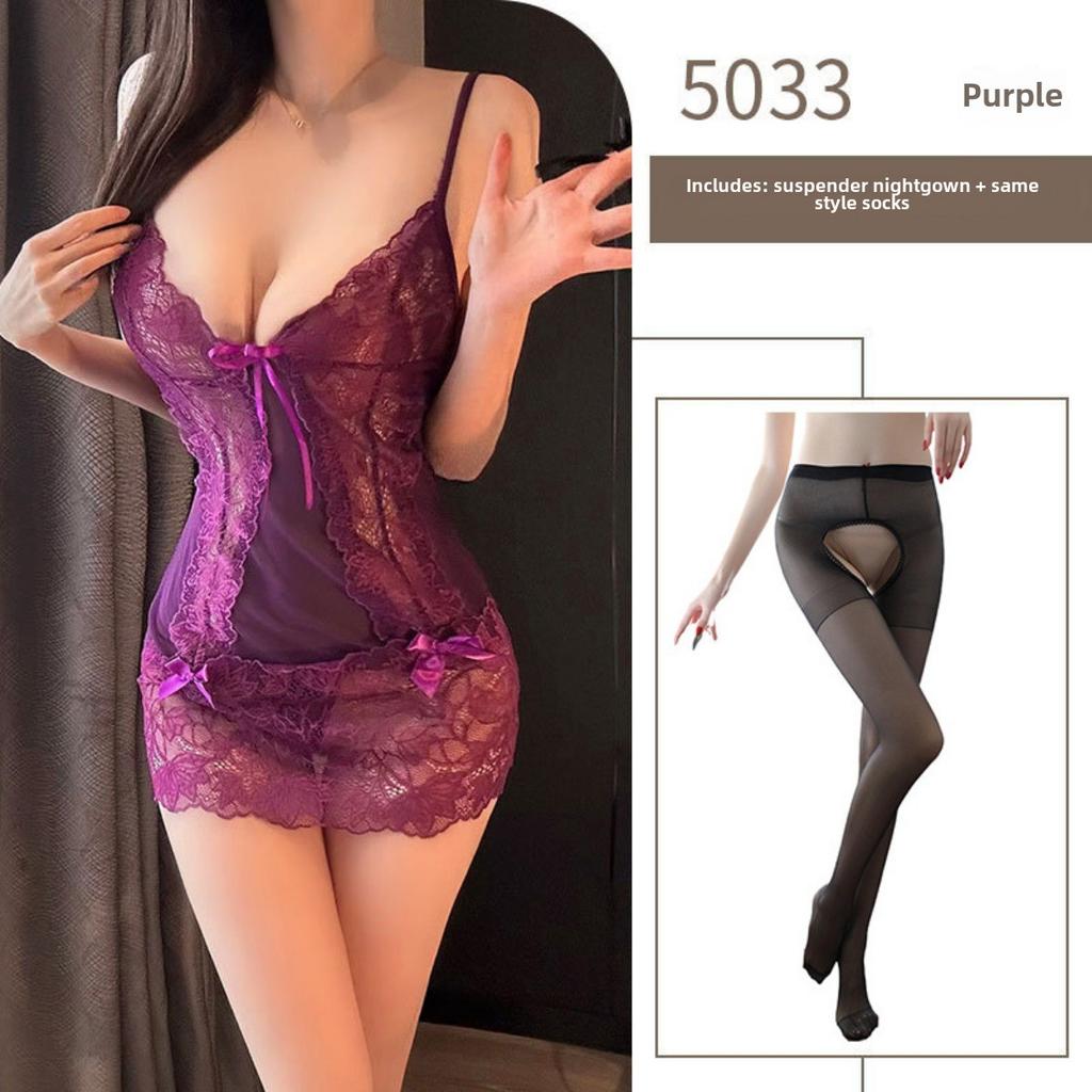 Purple Pure Desire Suspender Nightdress Hollow Lace Transparent Bed Sexy Pajamas Flirting