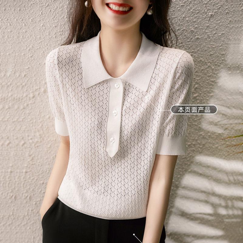 

Женская белая трикотажная футболка с воротником-поло, летняя свободная футболка из ледяного шелка, ажурный трикотажный топ XL