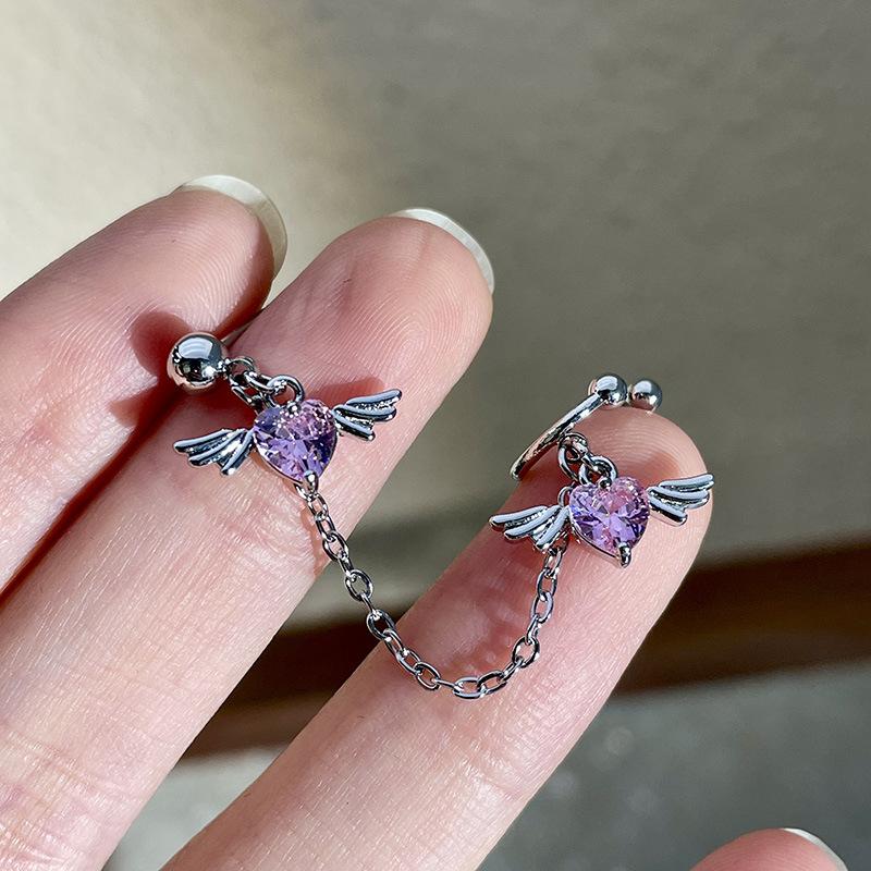 Goth Y2K Pink Crystal Heart Stud Earrings Ear Clip Piercing Wings Cartilage Chain Ear Studs for Women Harajuku Aesthetic Jewelry