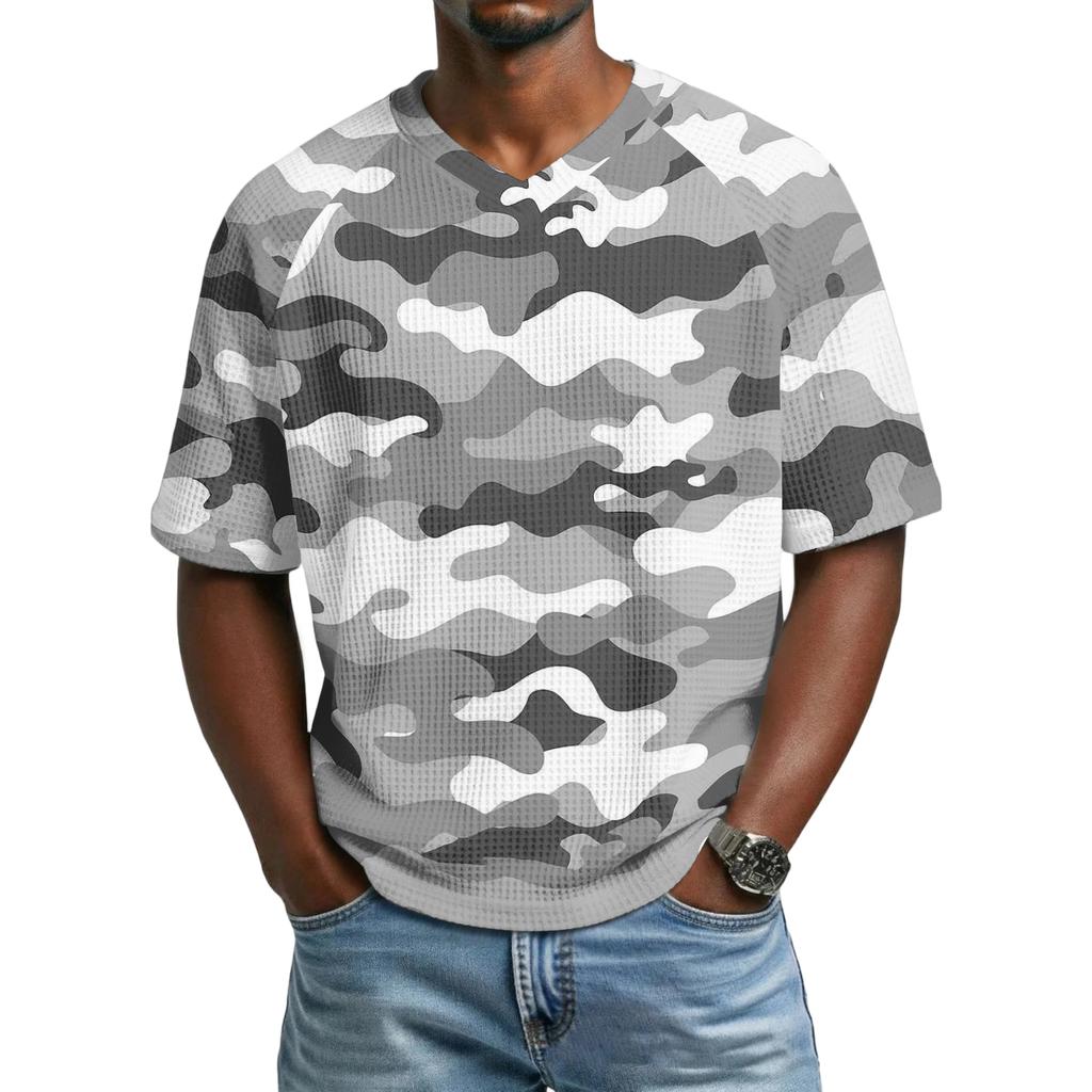 Men's Casual Sporty Camouflage Pattern Printed Shirt - Men's Breathable V-neck Short-sleeved Shirt