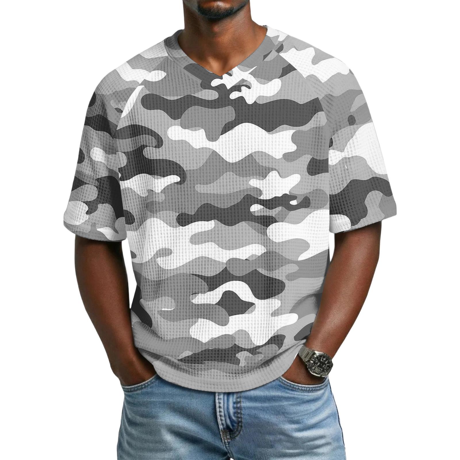 Ionia Heren V-hals Korte Mouw Camouflage Print Casual T-shirt Losse Pasvorm Lichtgewicht Ademend Top voor Dagelijks Gebruik L