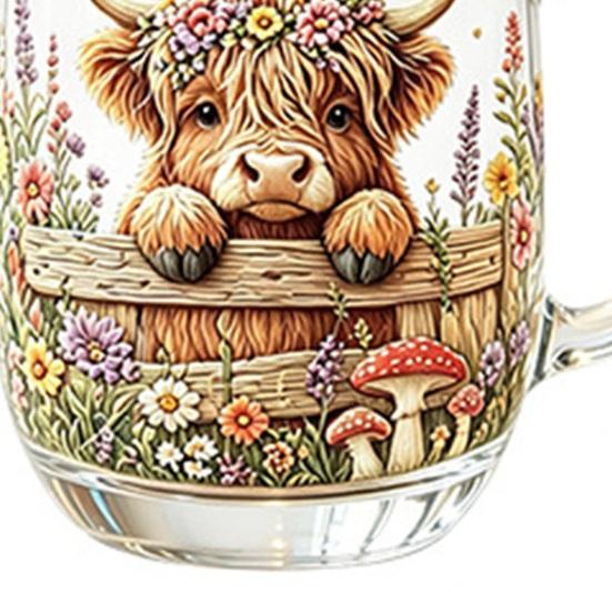 350ML Hand-painted Highland Cow Glass, Highland Cattle Coffee Mug with Handle, Heat-Resistant Tea Milk Water Drinking Cup