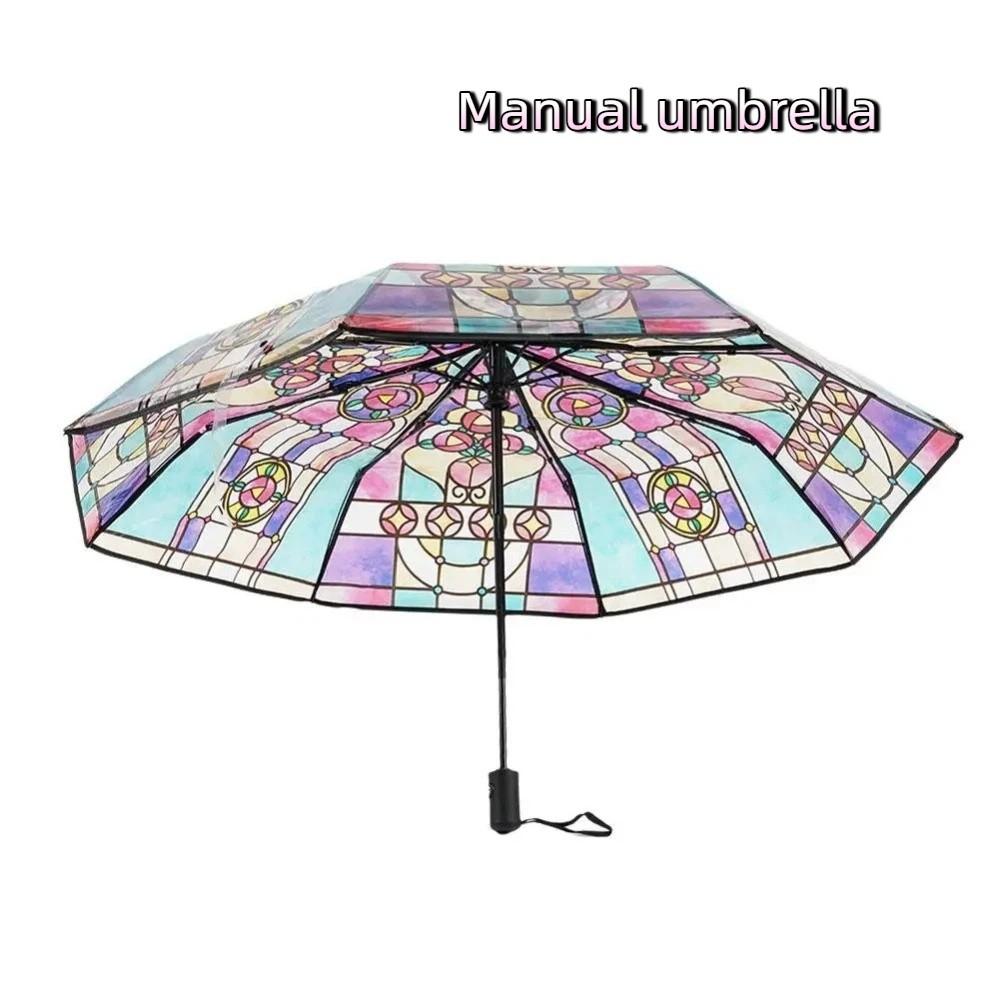 Hand-Painted Design Transparent Umbrella Stained Glass Print Automatic Umbrella Rain Protection