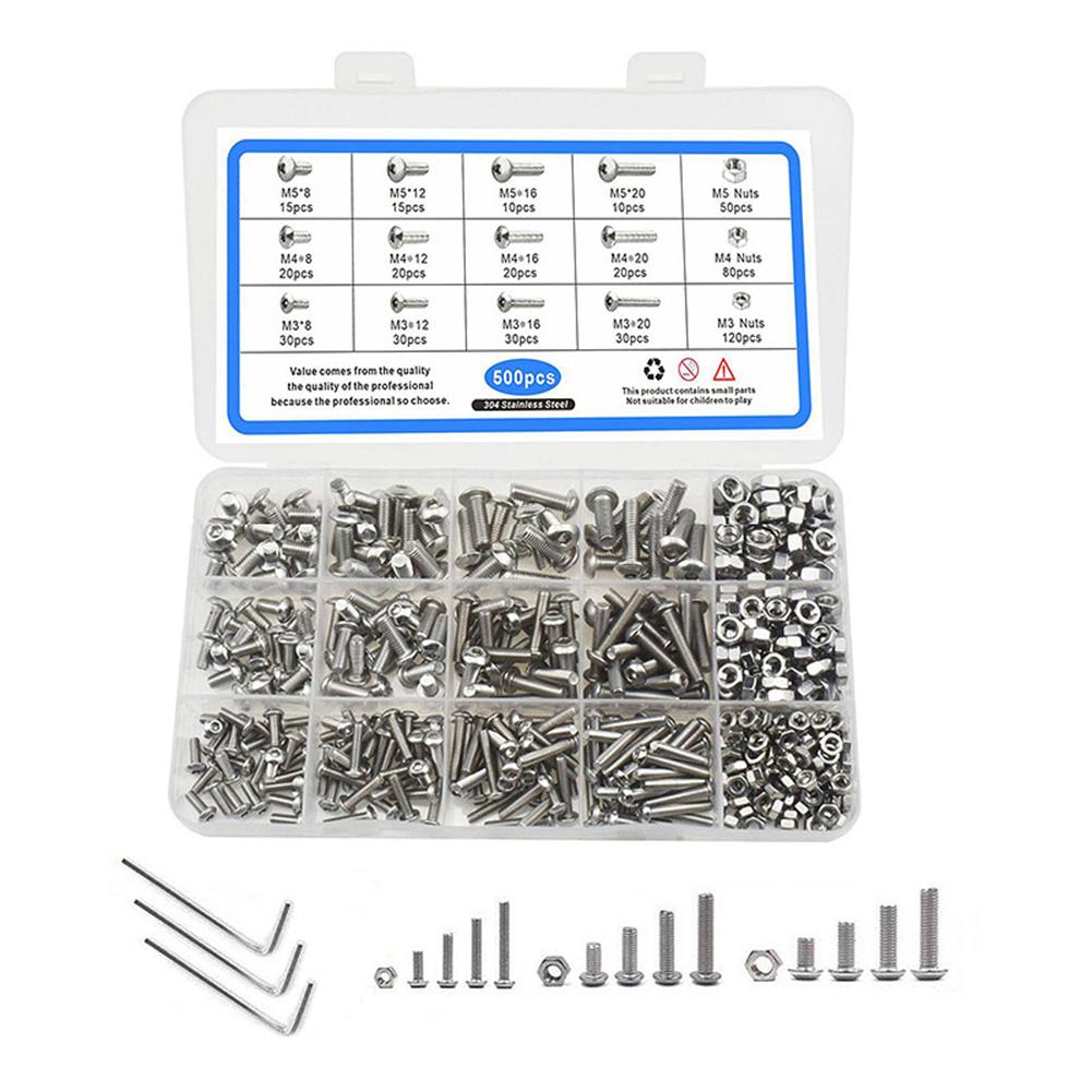 500 Pieces Stainless Steel Hex Socket Head Bolt Set M3/M4/M5 with Nuts and Washers for Industrial and Household Repair Use